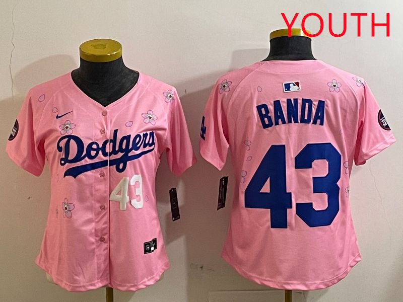 Youth Los Angeles Dodgers #43 Banda Pink White Blue Sakura Edition 2025 Nike MLB Jersey style 3